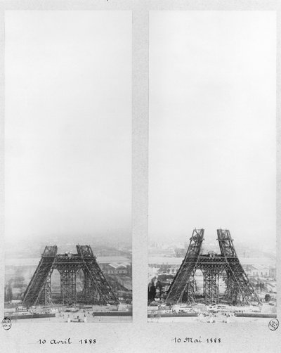 Two views of the construction of the Eiffel Tower, Paris, 10th April and 10th May 1888 by French Photographer